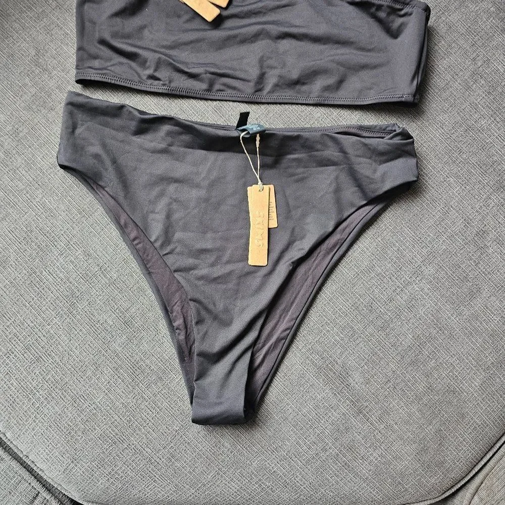 Skims Women's Onyx Bandeau Bikini Top & Mid Waist Bottoms Set Size XL
